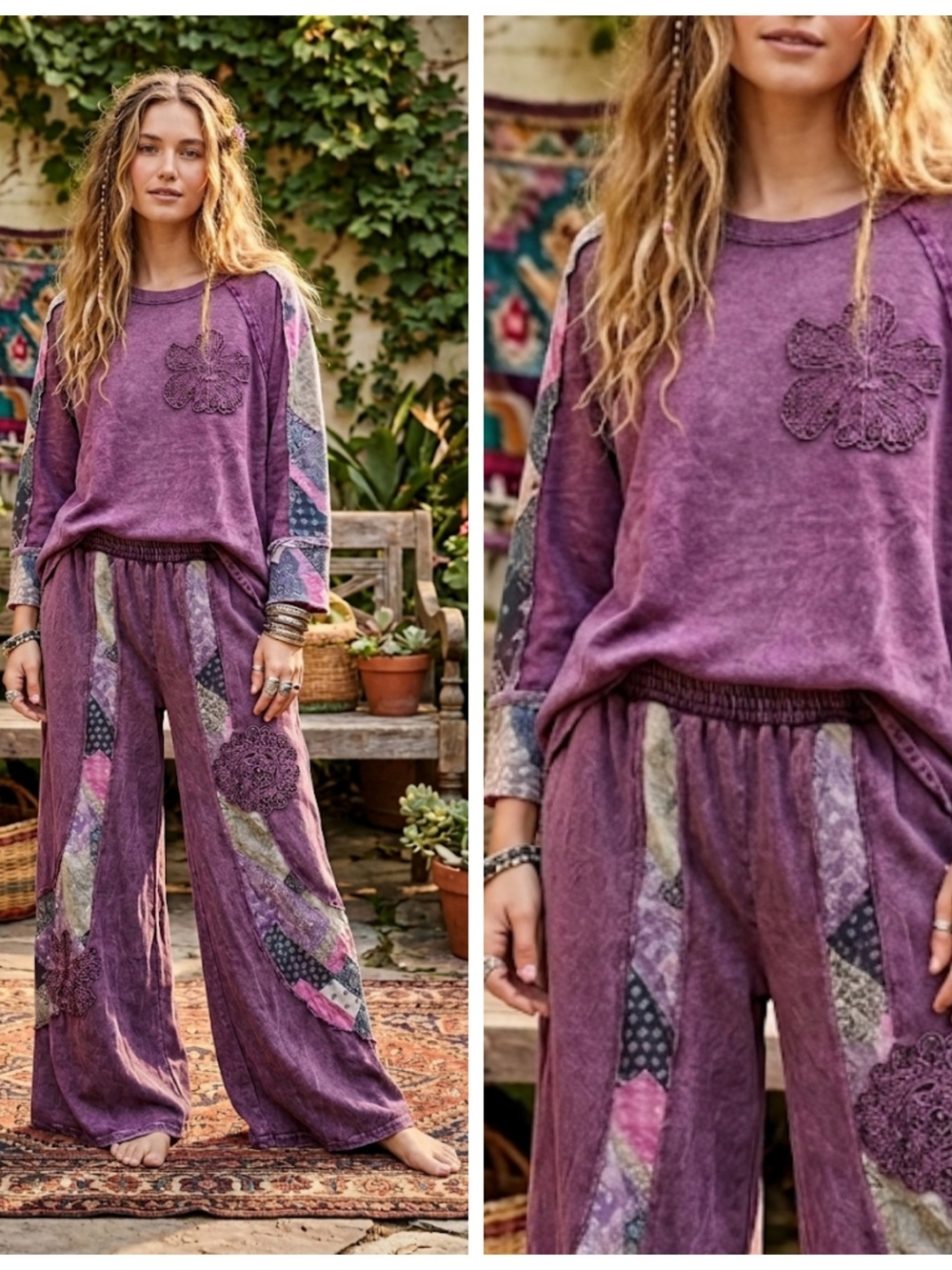 Boho Wide-Leg Pants Set in Dusty Purple